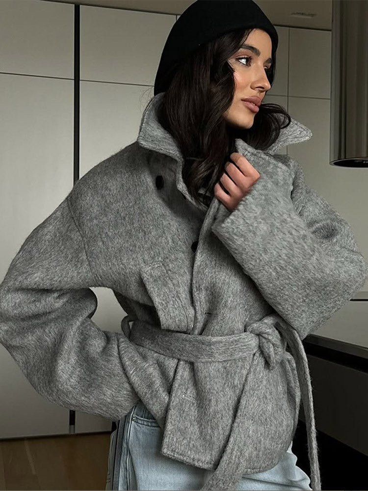 Damen elegante Oversized-Wolljacke mit Gürtel Stilzeits