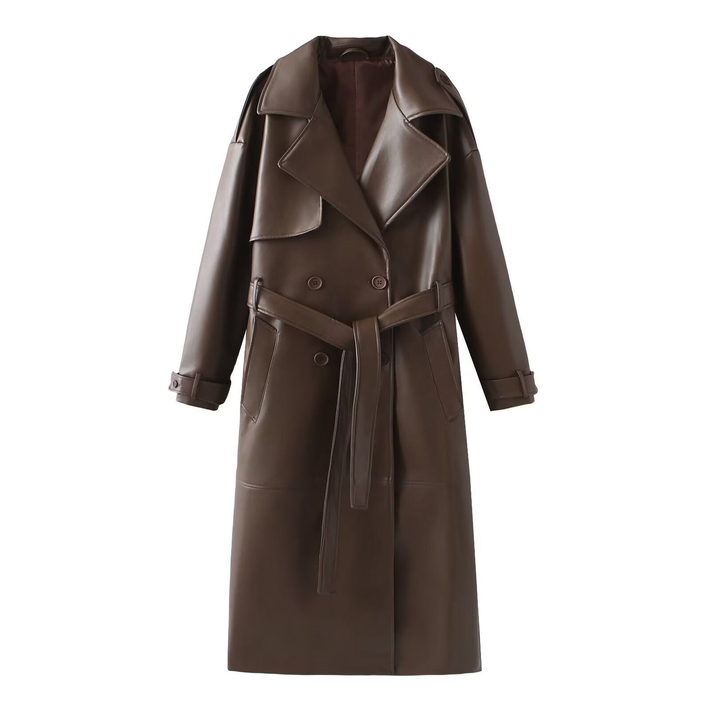 Damen Kunstleder-Trenchcoat mit elegantem Schnitt und taillierbarem Gürtel Stilzeits