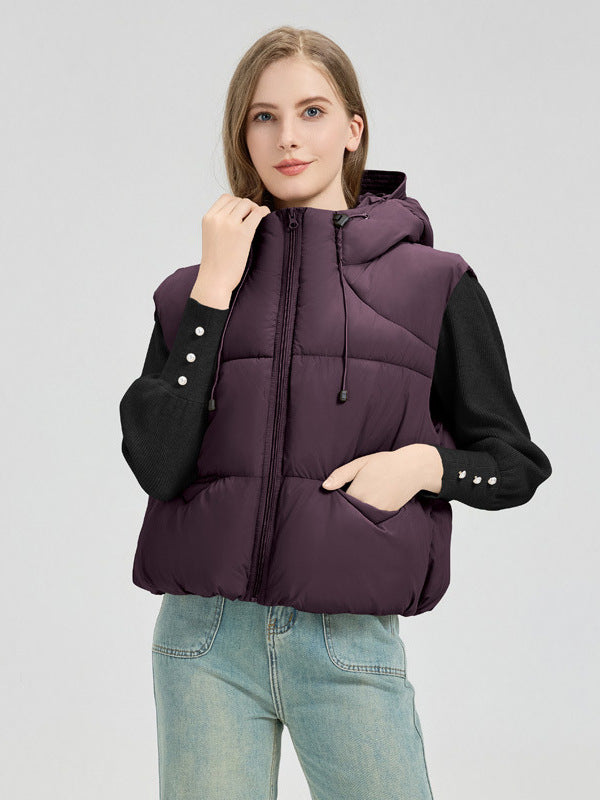 Damen gesteppte Weste mit abnehmbarer Kapuze und seitlichen Eingrifftaschen Stilzeits