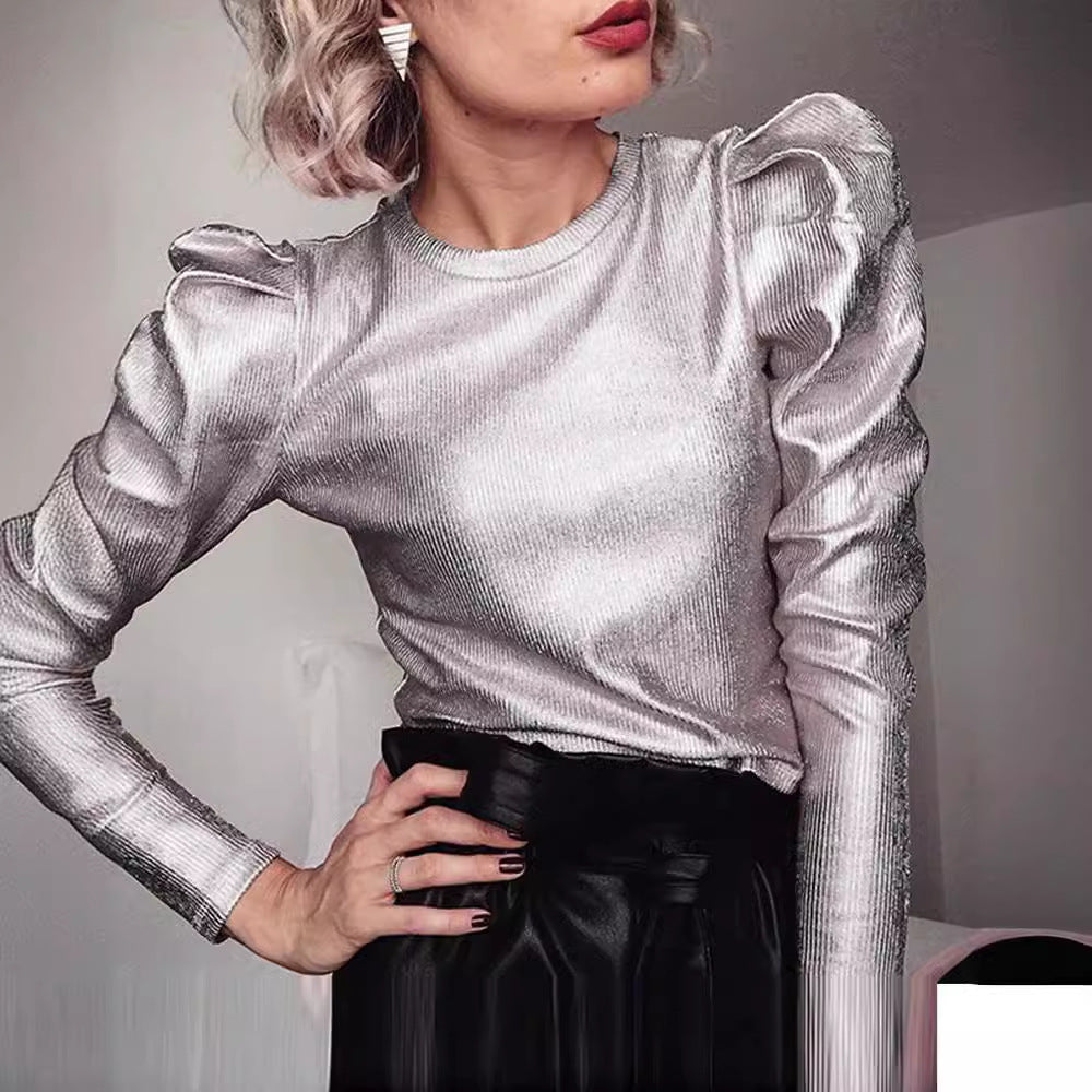 Damen funkelndes Oberteil mit voluminösen Ärmeln Stilzeits