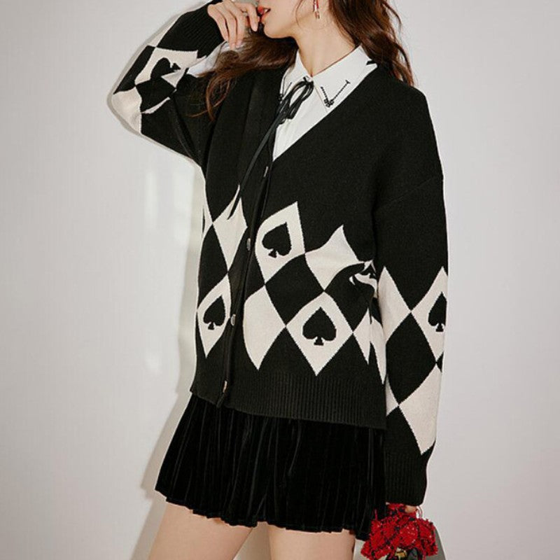 Damen Strickjacke mit Herzknöpfen und Rautenmuster Stilzeits
