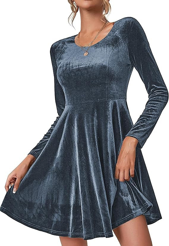 Damen Elegantes Samtkleid mit geschwungenem Saum und langen Ärmeln Stilzeits