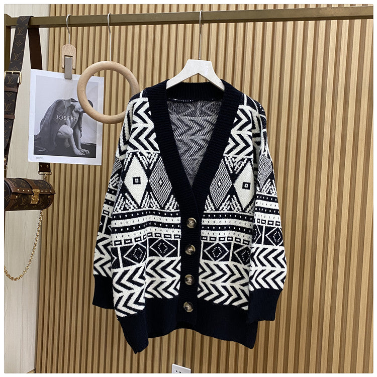 Damen Übergroße Strickjacke mit geometrischem Muster Stilzeits