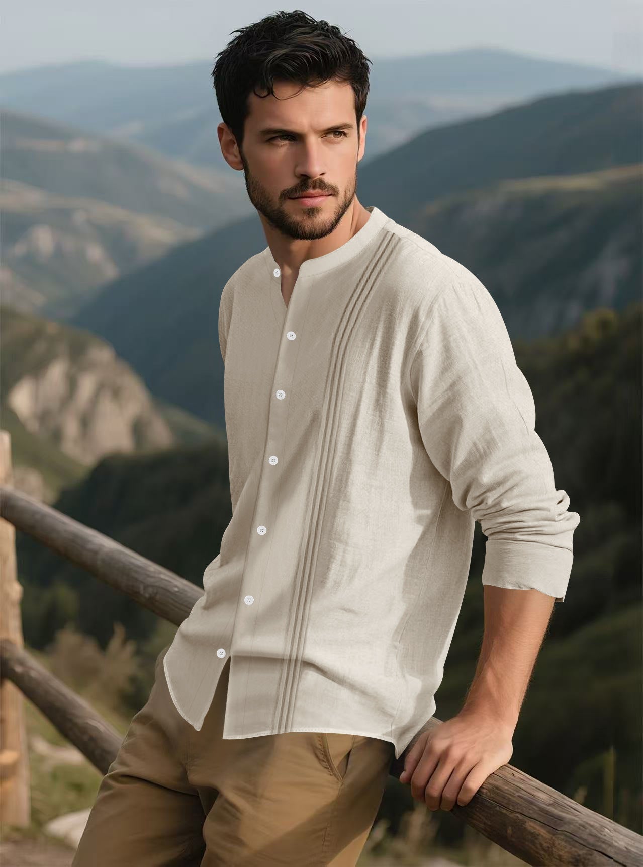 Herren Langarm-Hemd mit Stehkragen und modischen Akzenten Stilzeits