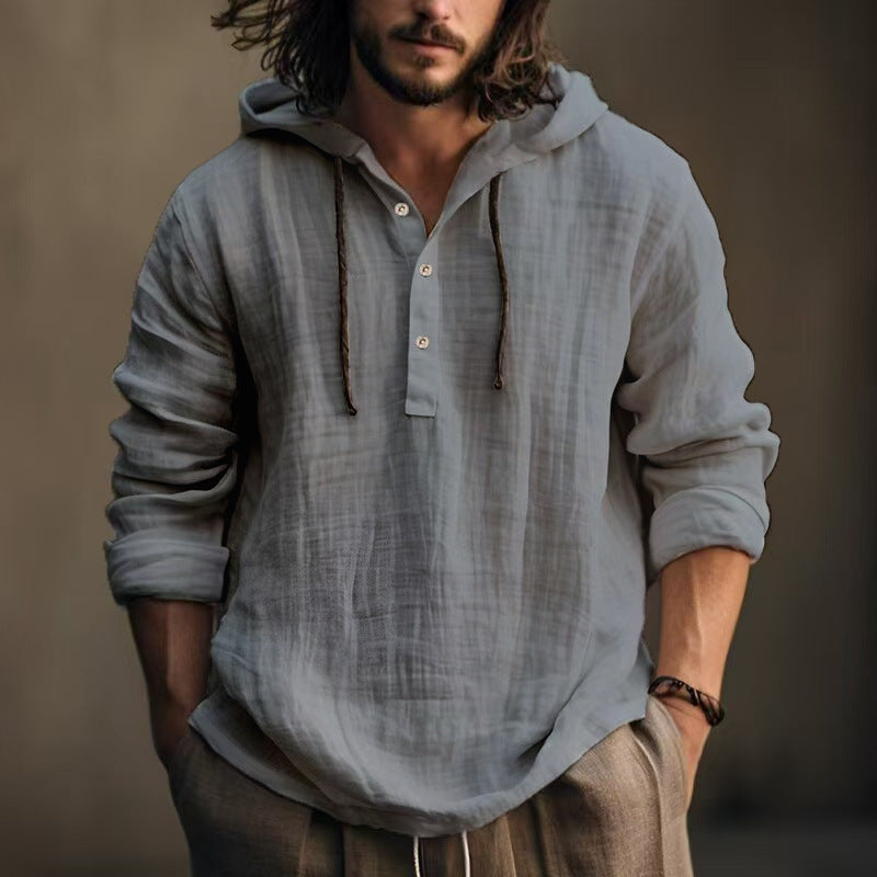 Herren lässige Kapuzenbluse mit Knopfleiste aus hochwertigem Leinen Stilzeits