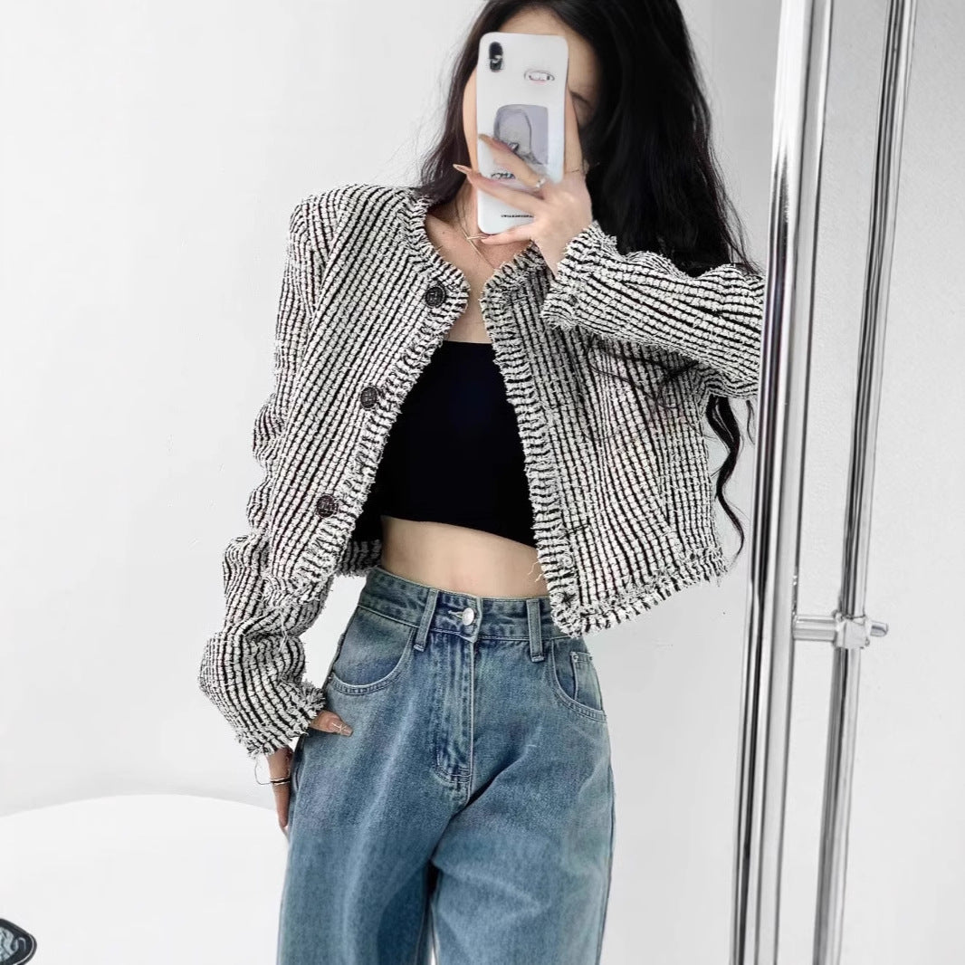 Damen trendige Bouclé-Jacke mit dekorativen Knöpfen und lässigem Schnitt Stilzeits