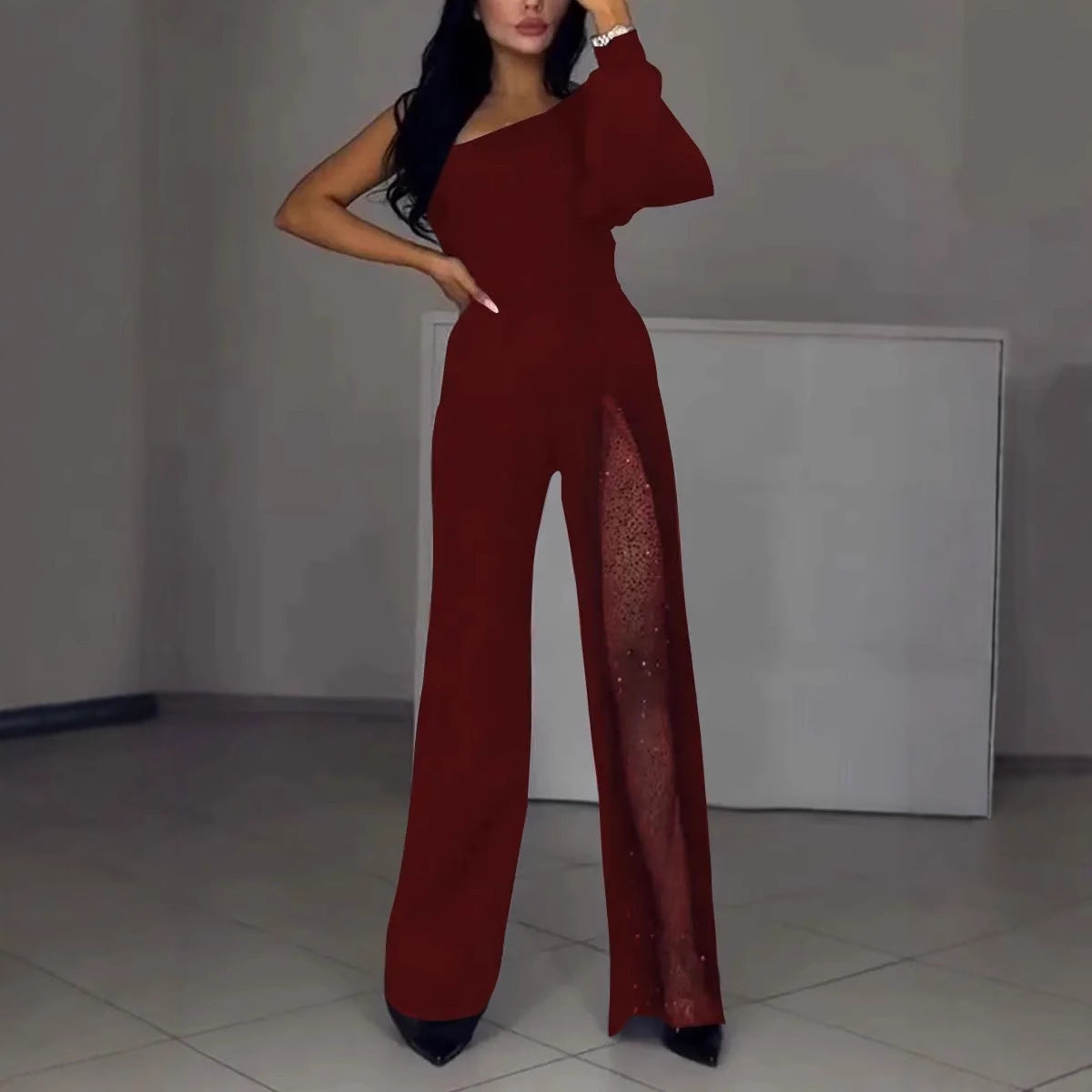 Asymmetrischer einseitiger Damen-Jumpsuit mit Paillettenpanel Stilzeits