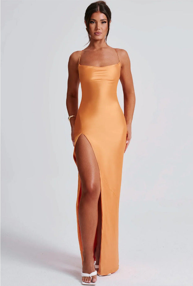 Damen Elegantes Maxikleid mit schmalen Spaghettiträgern und seitlichem Schlitz Stilzeits