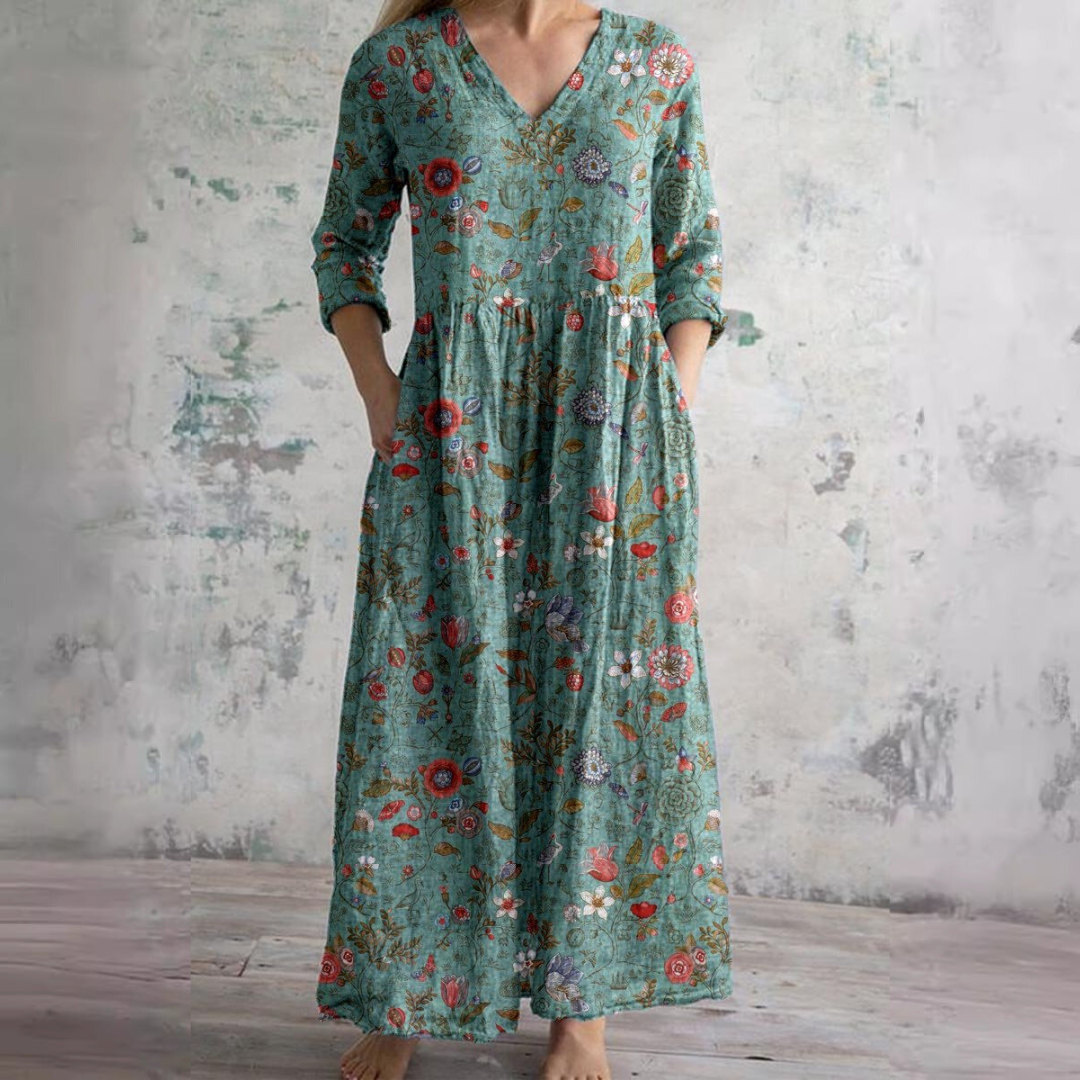 Damen Floral Maxikleid mit V-Ausschnitt und Dreiviertelärmeln