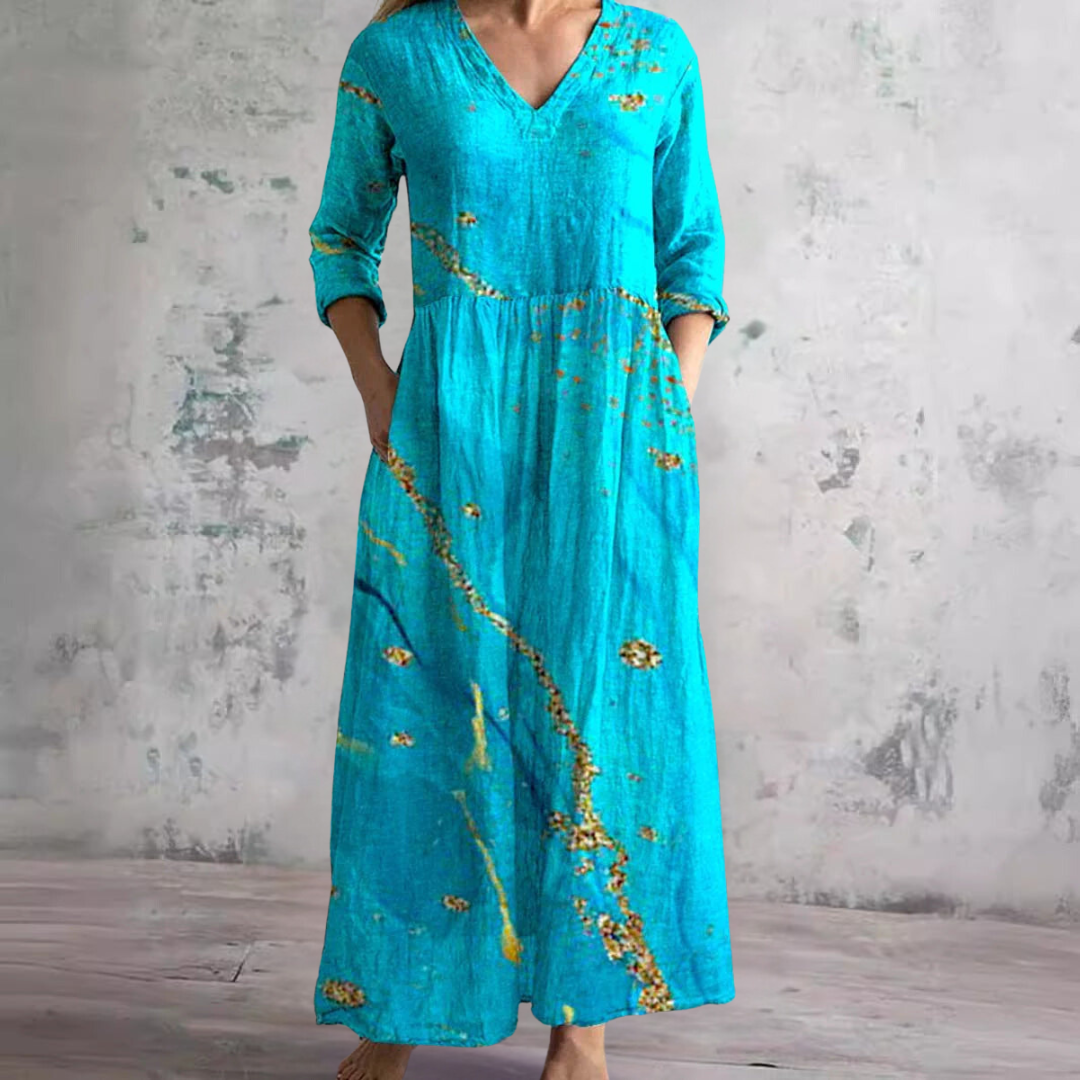 Damen Floral Maxikleid mit V-Ausschnitt und Dreiviertelärmeln