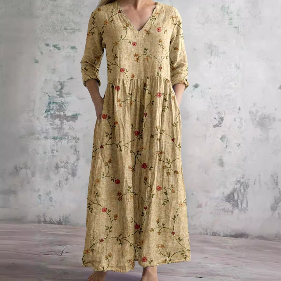 Damen Floral Maxikleid mit V-Ausschnitt und Dreiviertelärmeln