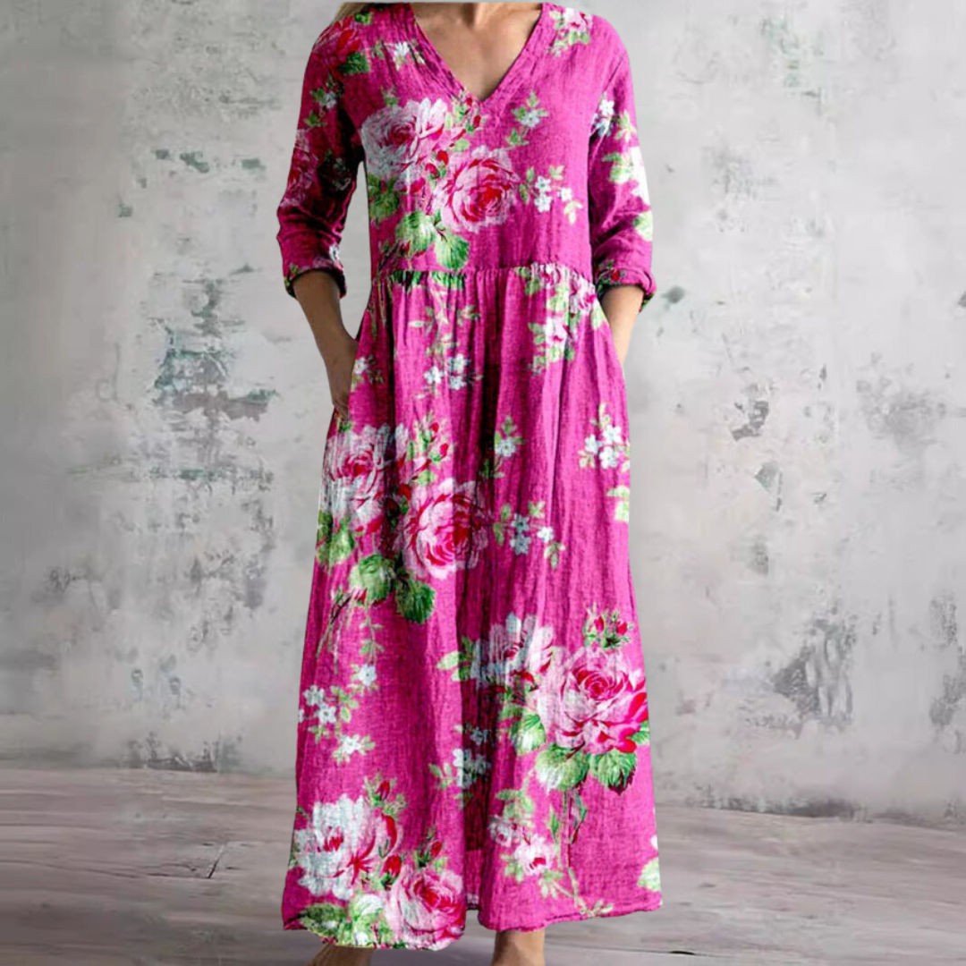 Damen Floral Maxikleid mit V-Ausschnitt und Dreiviertelärmeln