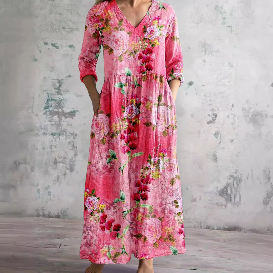 Damen Floral Maxikleid mit V-Ausschnitt und Dreiviertelärmeln