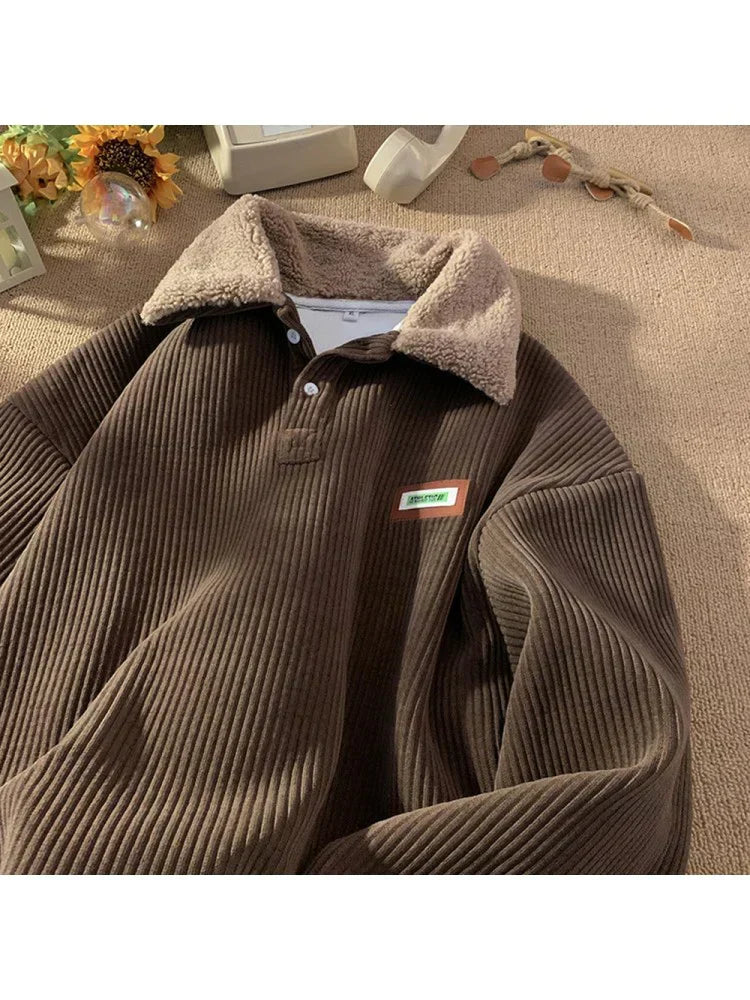 Herren Cord Winterpullover - Flauschiger Kragen Polo