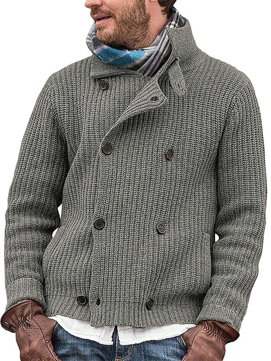 Herren Vintage Strickjacke - Gerippter Stehkragen