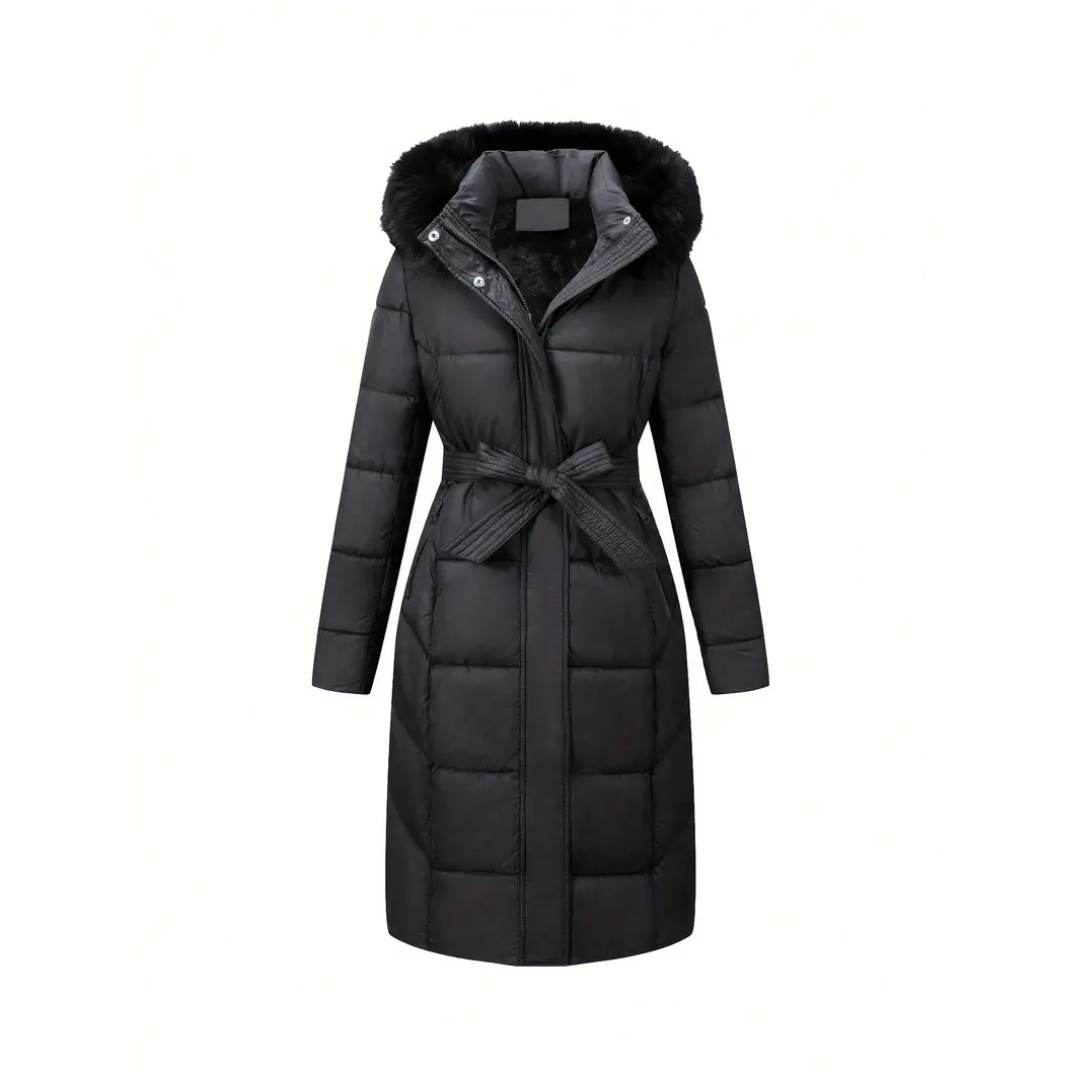 Stilzeits | Winterjacke - stilvolle schwarze Damenjacke mit einer Kunstfellkapuze