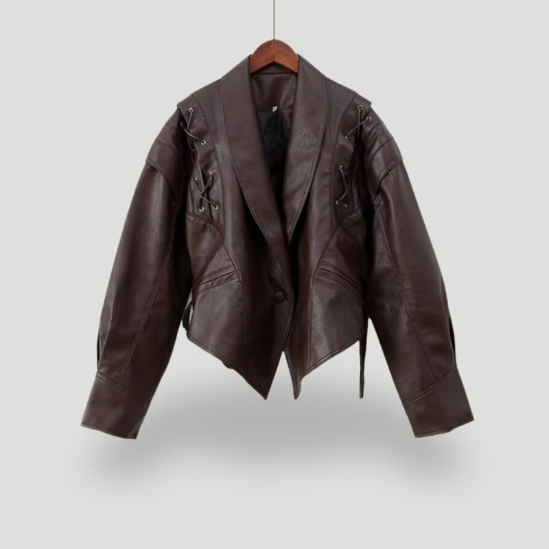 Stilzeits | Lederjacke - Wickeldesign - Gurtel Taille - Strukturierte Schultern - Schnürdetails