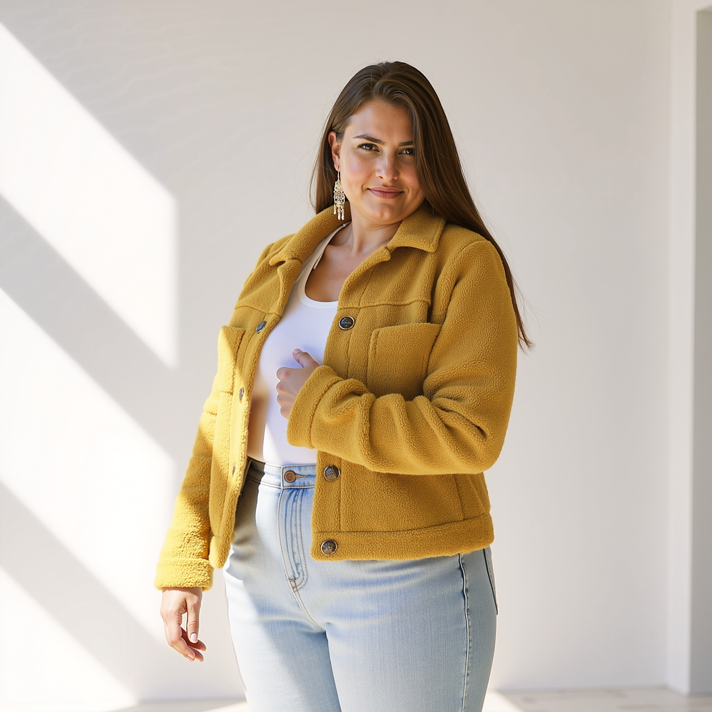 Stilzeits | Weiche Damen Teddy Herbstjacke mit Knöpfen und Taschen