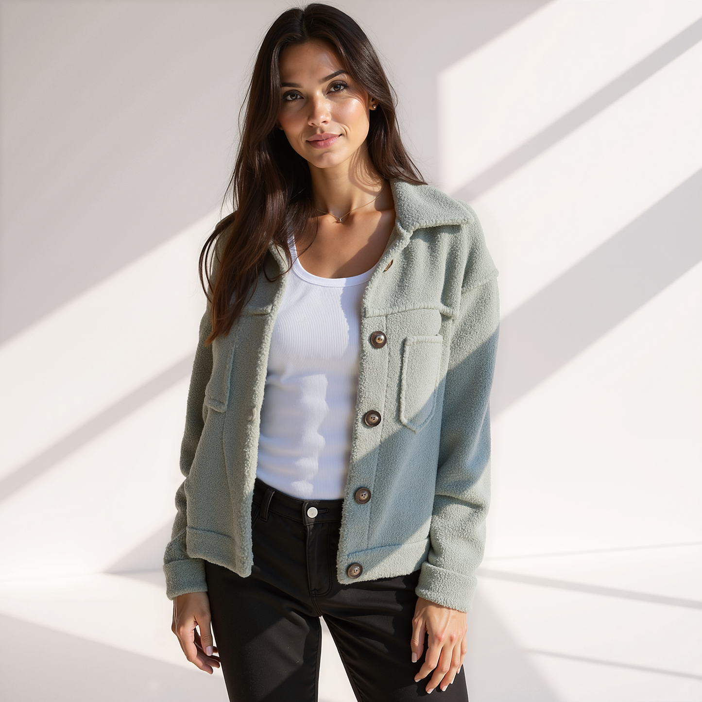 Stilzeits | Weiche Damen Teddy Herbstjacke mit Knöpfen und Taschen