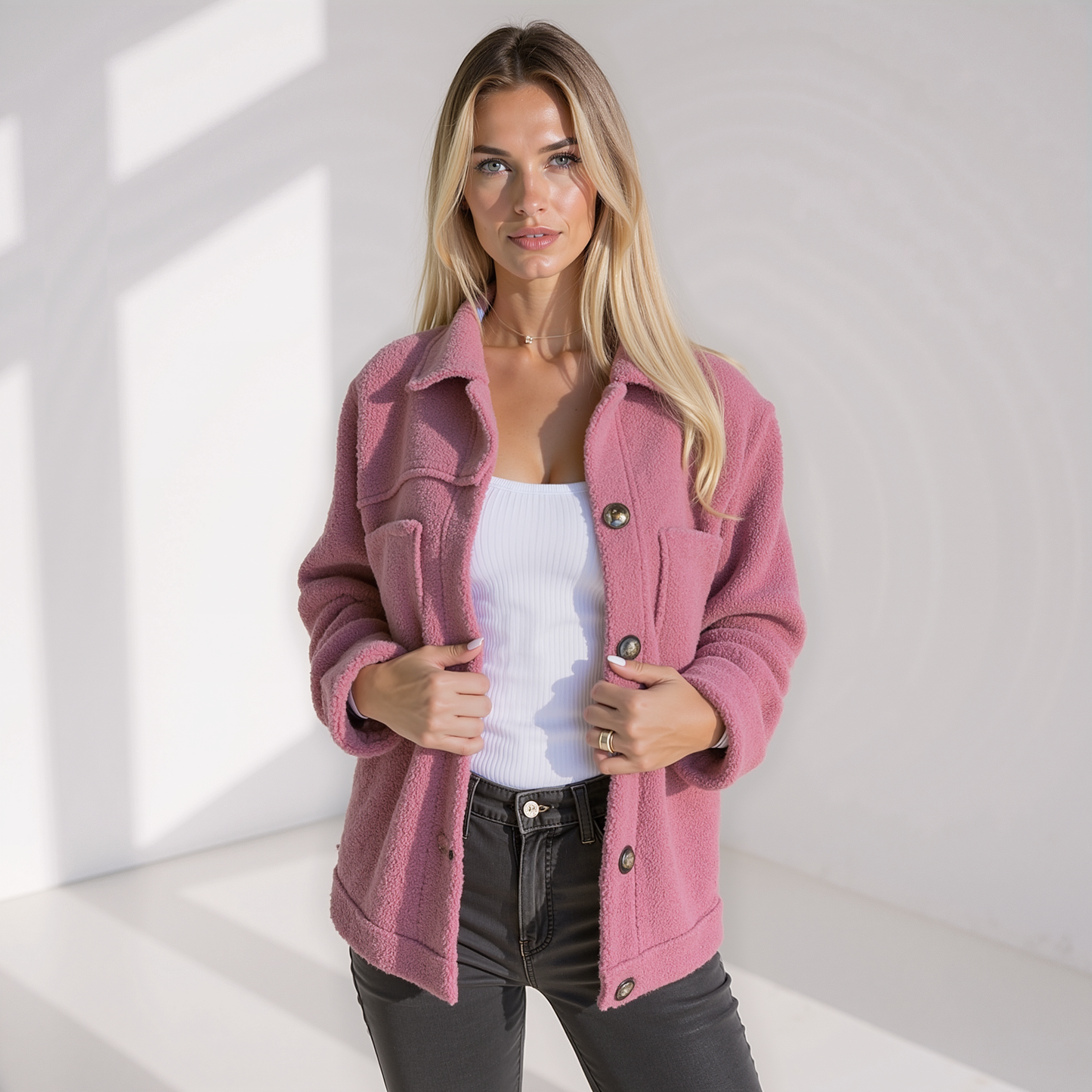 Stilzeits | Weiche Damen Teddy Herbstjacke mit Knöpfen und Taschen