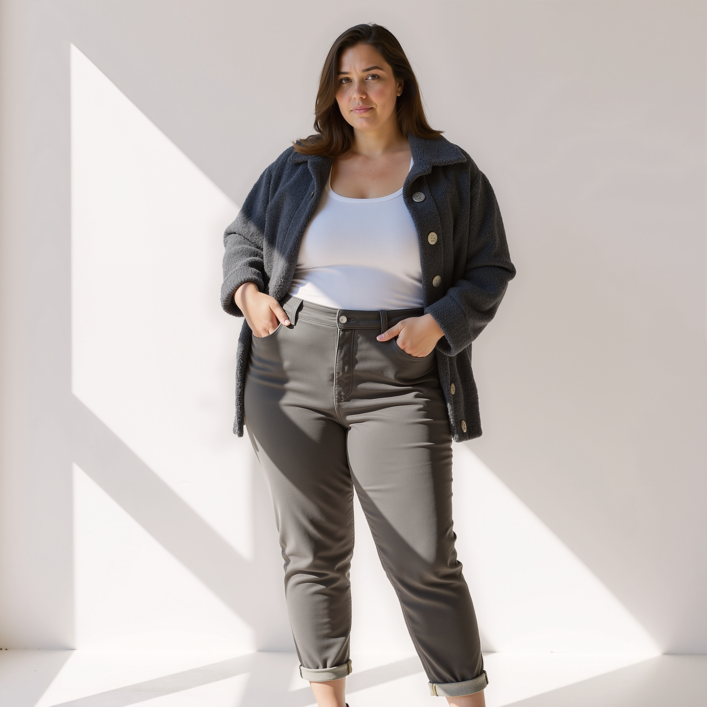 Stilzeits | Weiche Damen Teddy Herbstjacke mit Knöpfen und Taschen