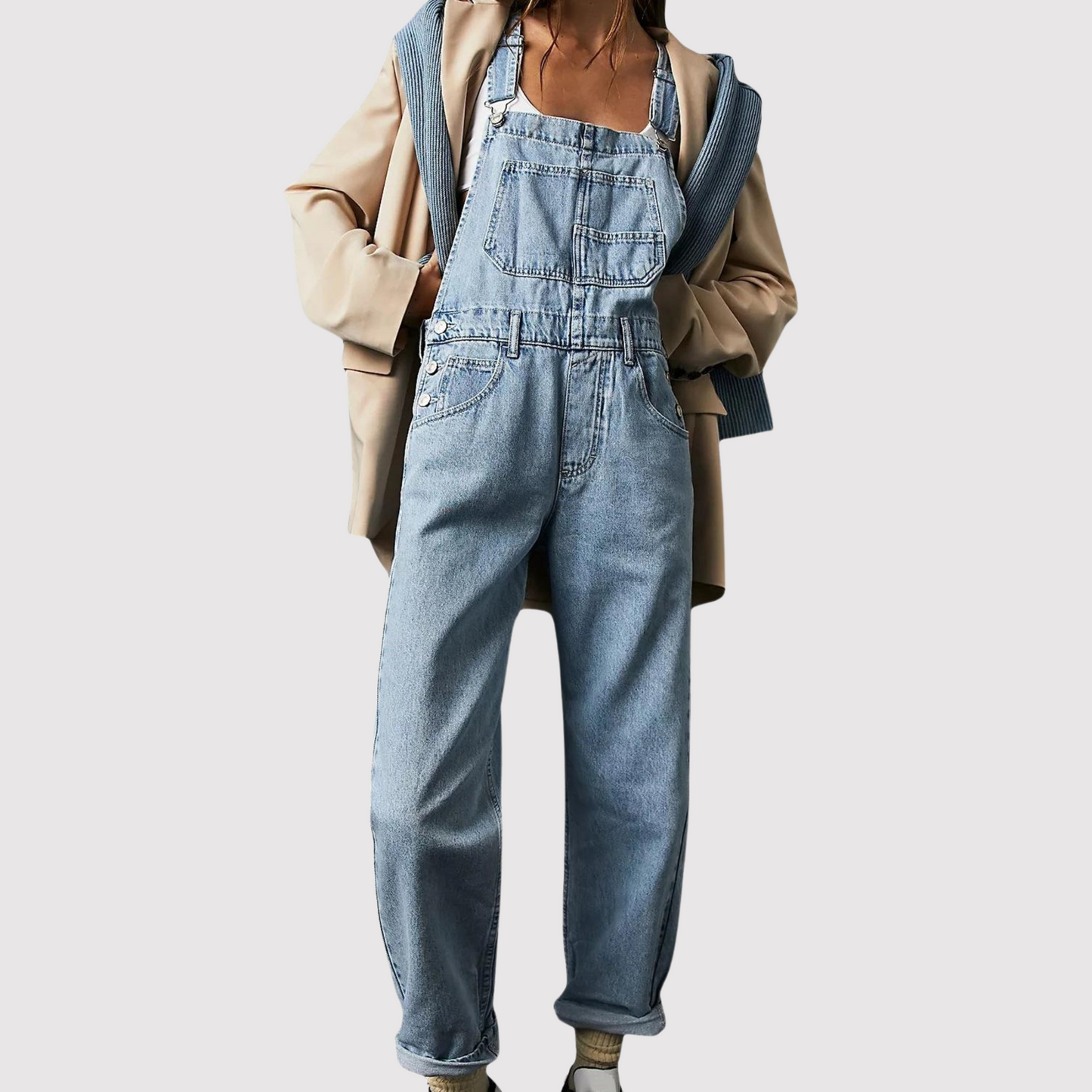 Weite, bodenlange Denim-Hose im Overall-Stil, Modell Constance