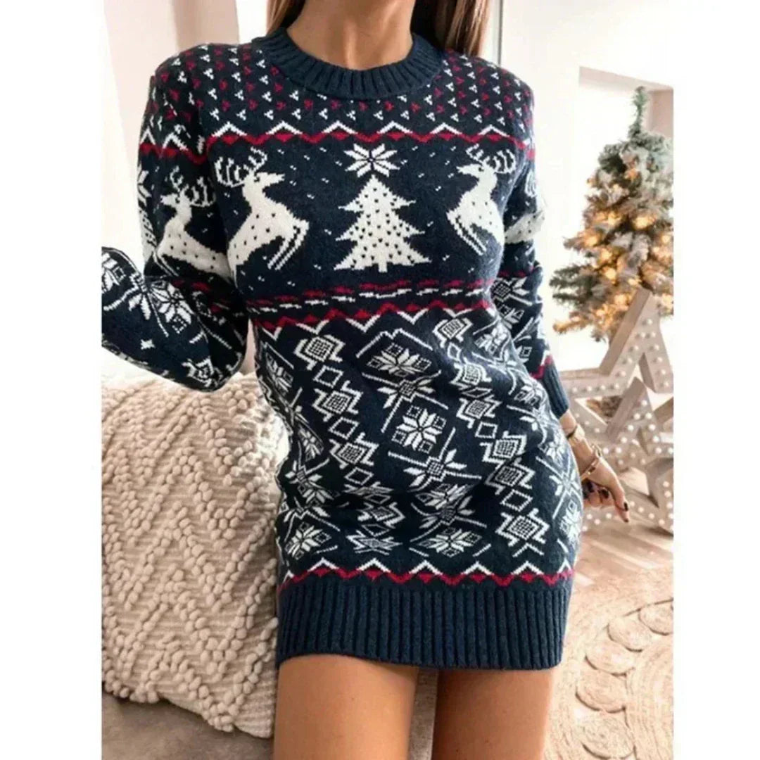 Damen Weihnachts Strickkleid - Nordisches Muster und Rundhalsausschnitt