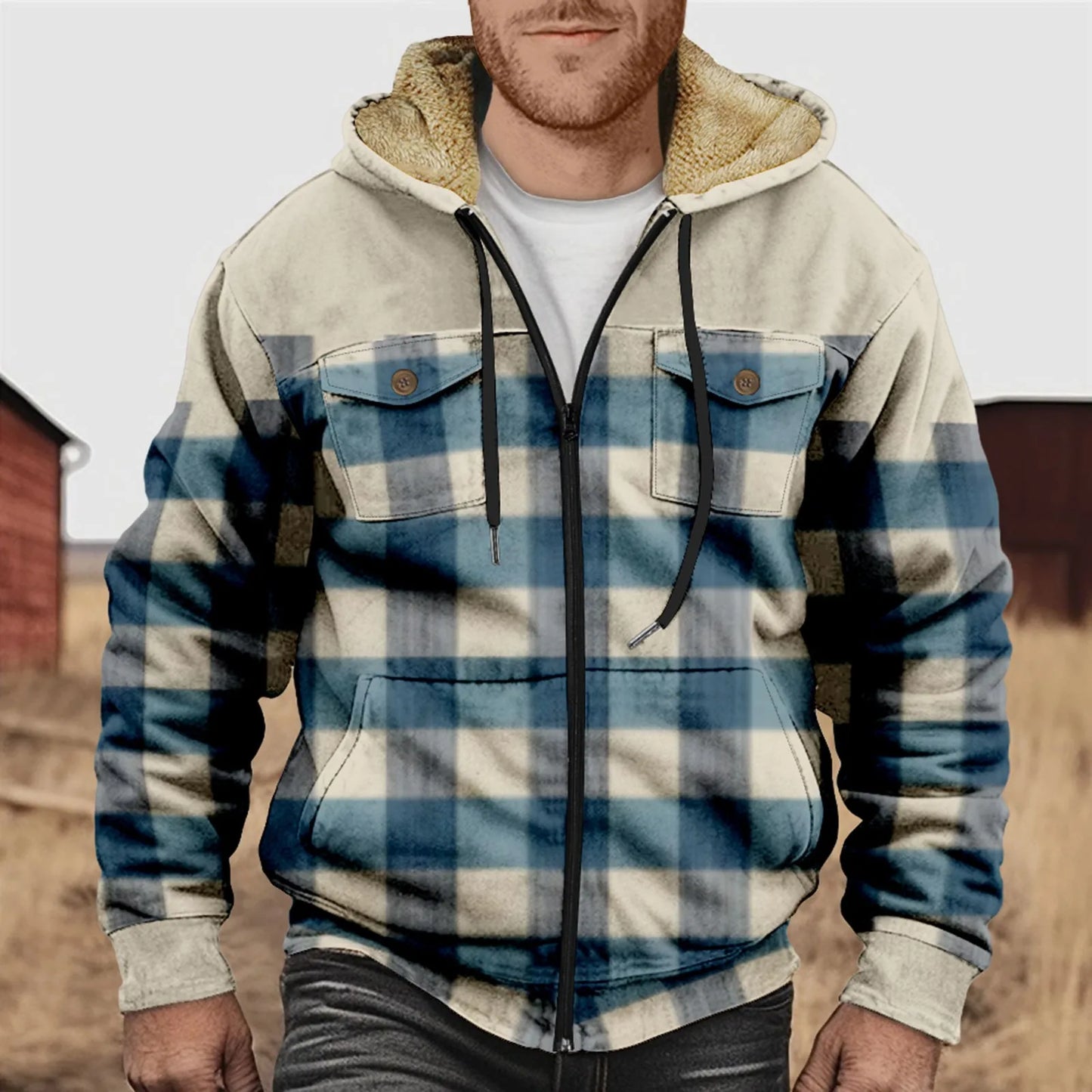 Stilzeits | Herren Fleecegefüttertes Flanellhemd – Kariert, mit Kapuze und Knopfleiste