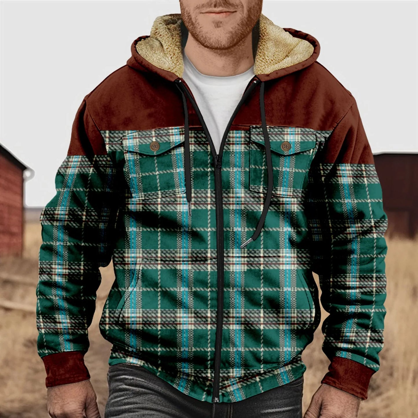Stilzeits | Herrenhemd aus fleecegefüttertem Flanell - Kariert, mit Kapuze und Knopfverschluss