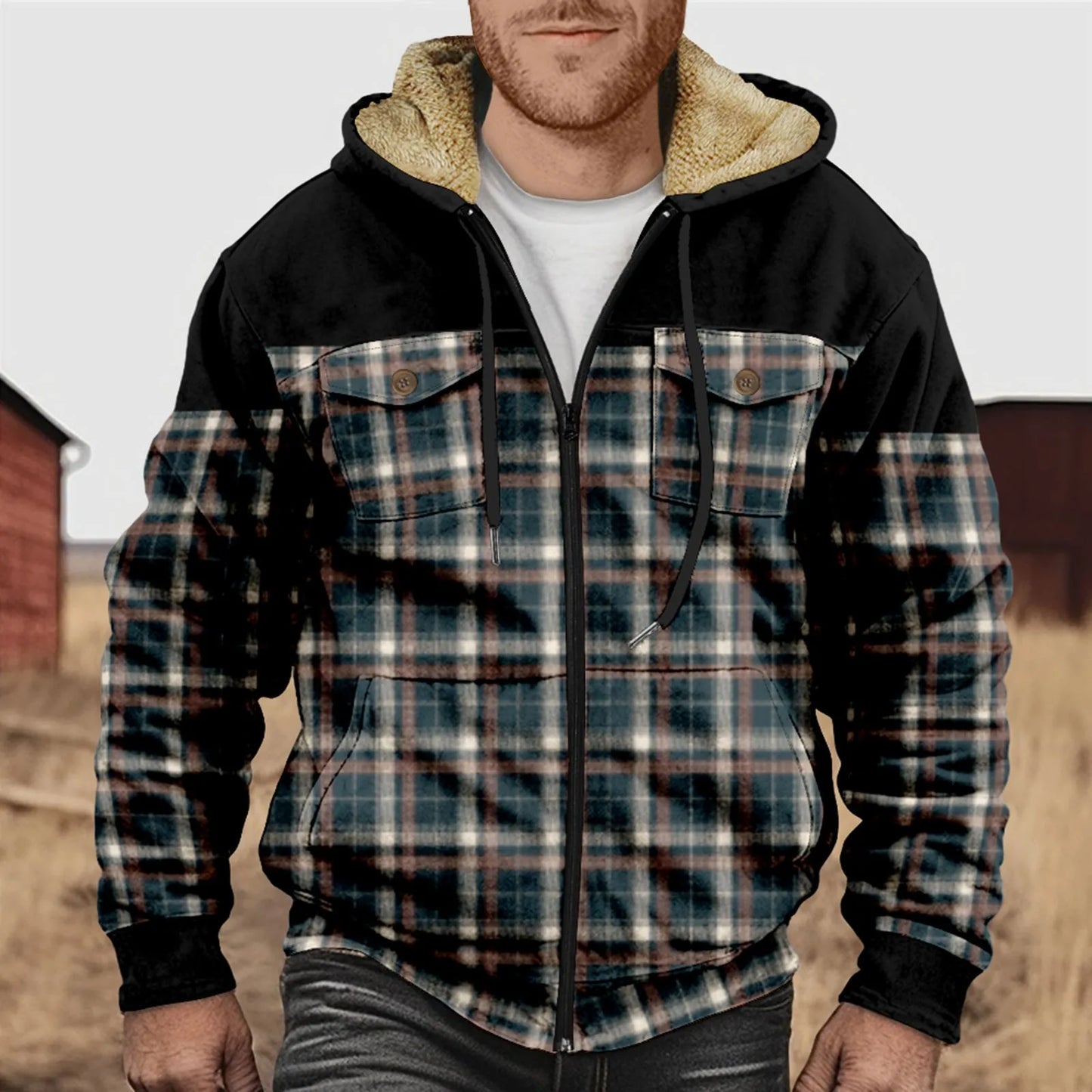 Stilzeits | Herren Fleecegefüttertes Flanellhemd – Kariert, mit Kapuze und Knopfleiste