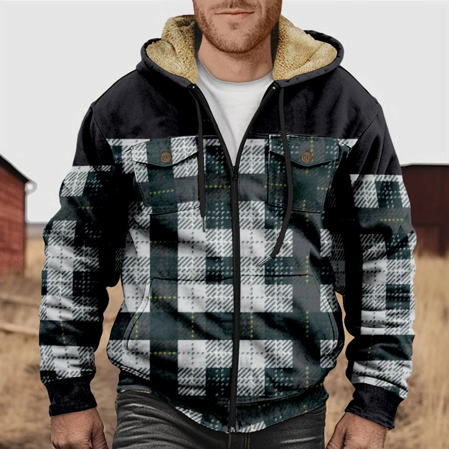 Stilzeits | Herren Fleecegefüttertes Flanellhemd – Kariert, mit Kapuze und Knopfleiste