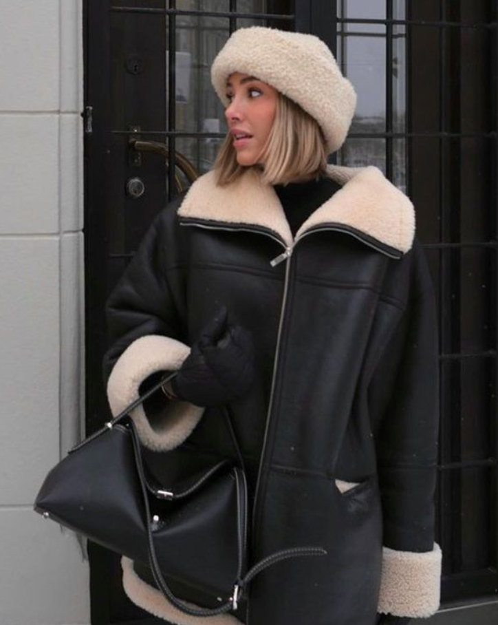 Stilzeits | Überdimensionierte Lederjacke mit Teddyfutter Leder Perfekt für Kalte Tage