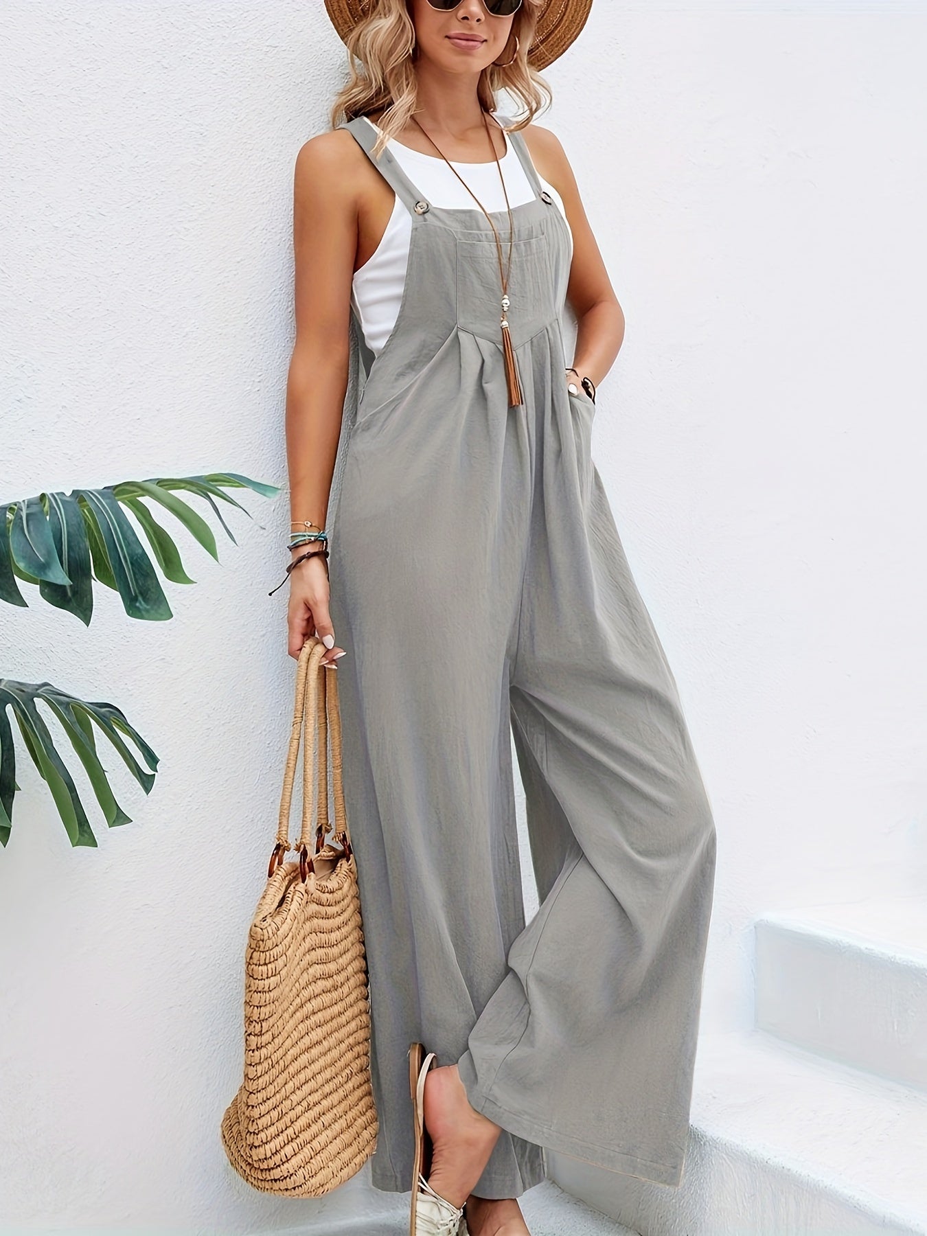 Ärmelloser Boho Leinen-Jumpsuit für Damen