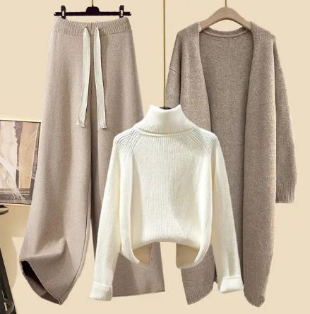 Damen 3-teiliges Strick-Set - Cardigan, Rollkragenpullover & Hose