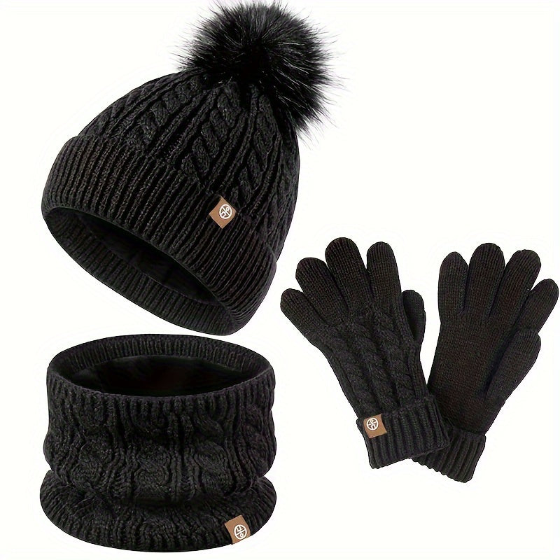 Damen 3-teiliges Winter-Strickset - Pompon Mütze, Infinity Schal und Touchscreen-Handschuhe