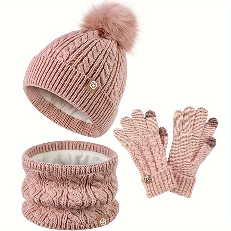 Damen 3-teiliges Winter-Strickset - Pompon Mütze, Infinity Schal und Touchscreen-Handschuhe