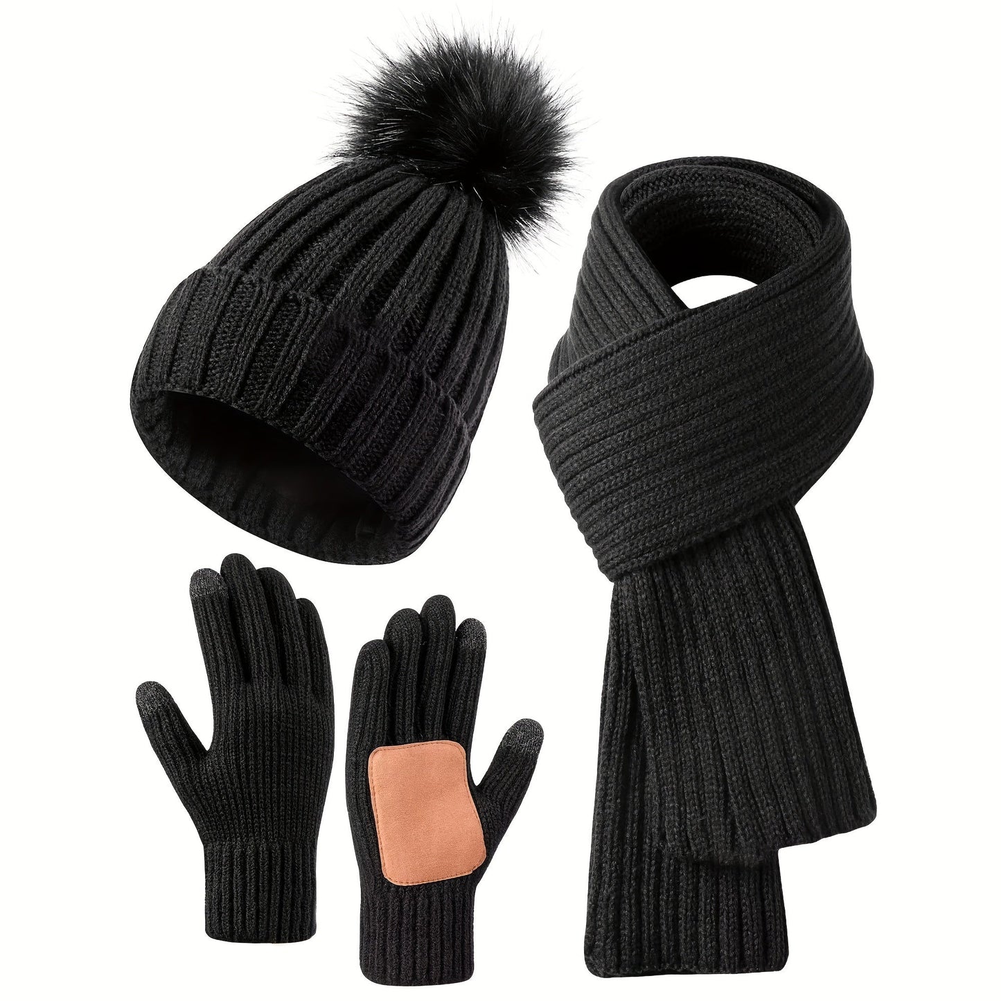 Damen 3-teiliges Winter-Strickset - Bommelmütze, Schal und Touchscreen-Handschuhe