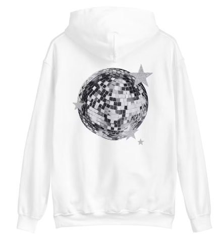 Trendiger, einzigartiger Damen-Kapuzenpullover von Fudus mit Discokugel-Print in Weiß