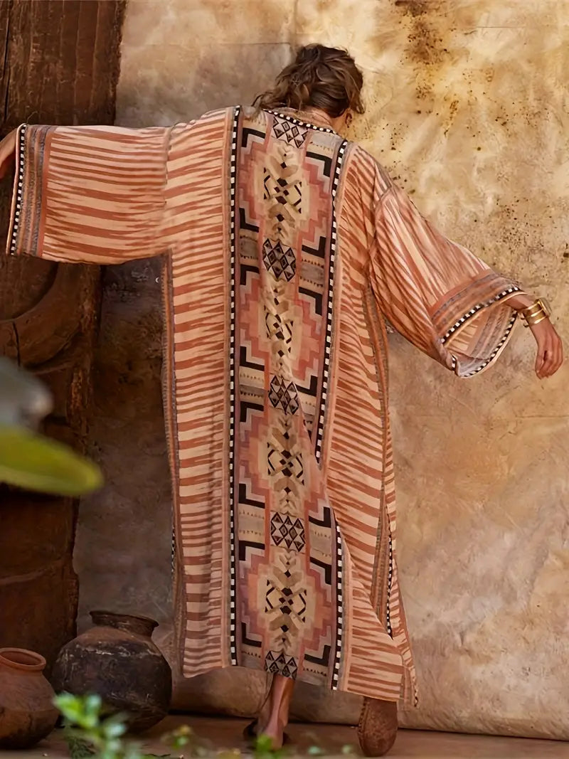 Frida Boho Plus Size Kimono mit Bindegürtel und Maxi-Länge