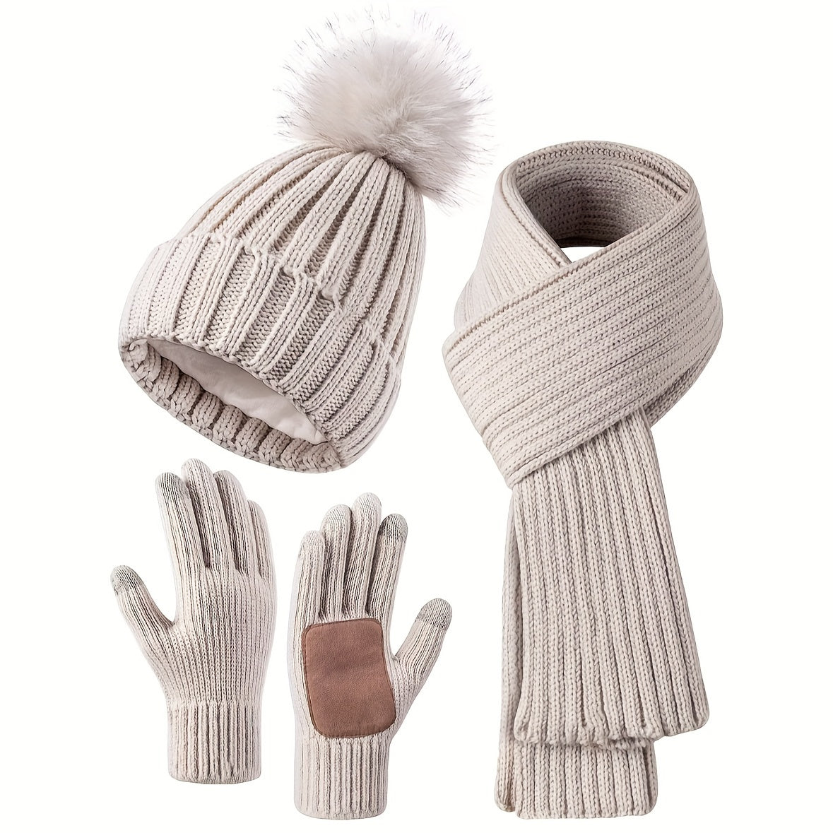 Damen 3-teiliges Winter-Strickset - Bommelmütze, Schal und Touchscreen-Handschuhe