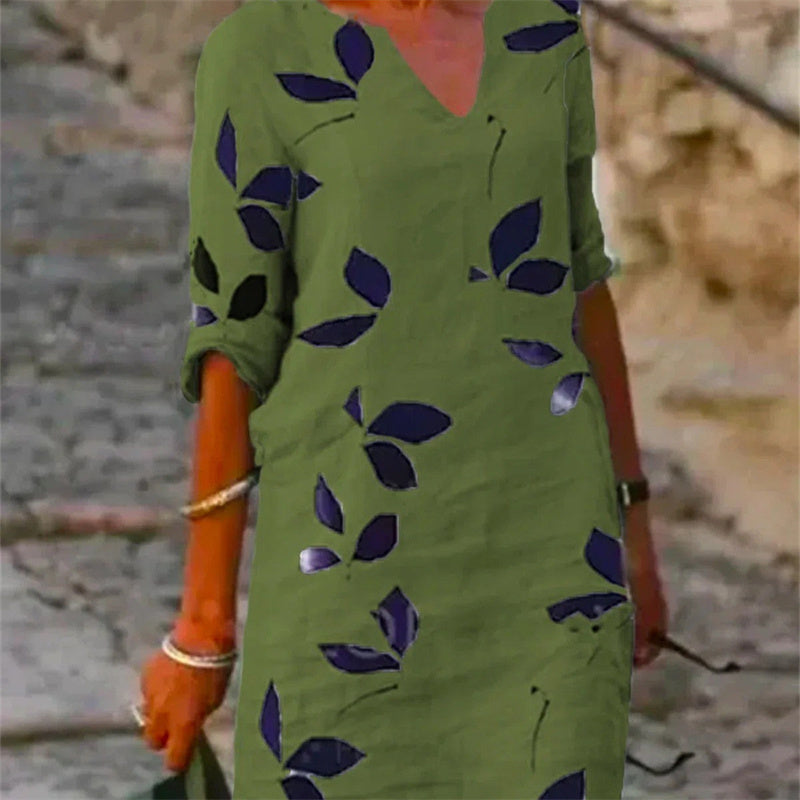 Fudus Halbarm Freizeitkleid mit Weinlese-Blätterdruck