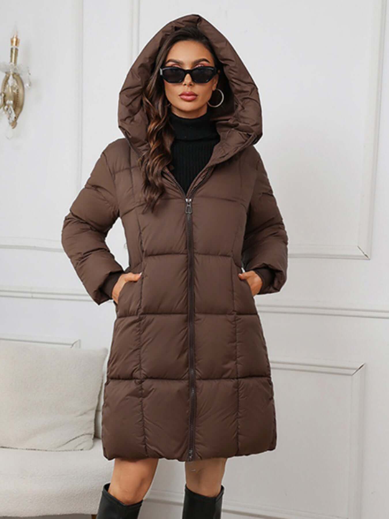 Stilzeits | Frauen Lange Kapuzen-Winter-Pufferjacke