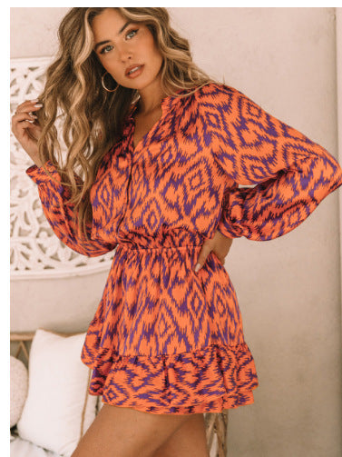 Fudus Langarmkleid mit Stehkragen, elastischer Taille und Druck