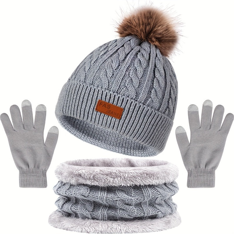Damen 3-teiliges Winter Set - Zopfmuster Schal, Mütze & Touchscreen-Handschuhe