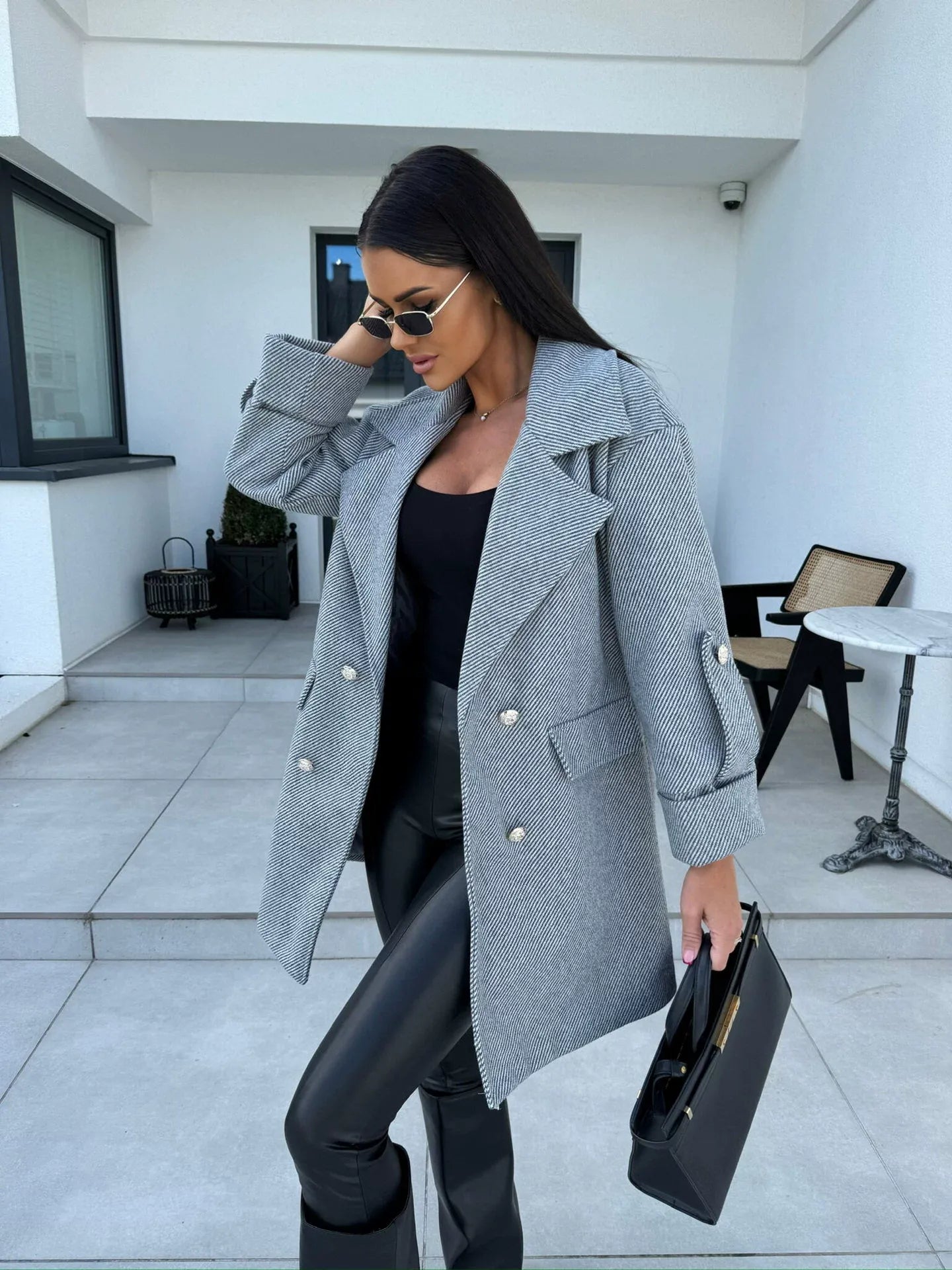 Stilzeits | Wollmantel - H-Linie Passform - Blazerkragen - Doppelreihig - Knielang