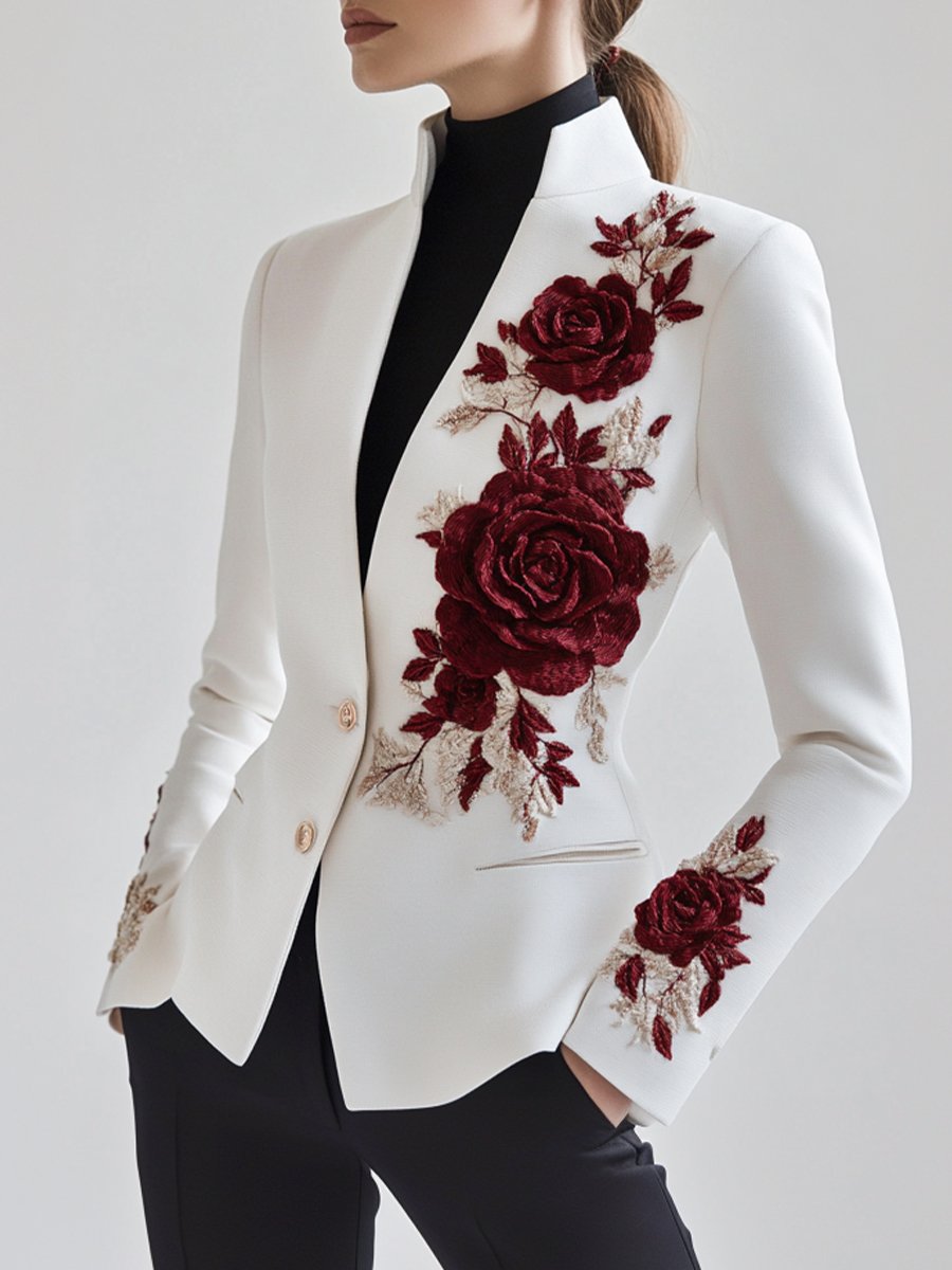 Stilzeits | Weißer Blazer Mit Roter Rosenstickerei