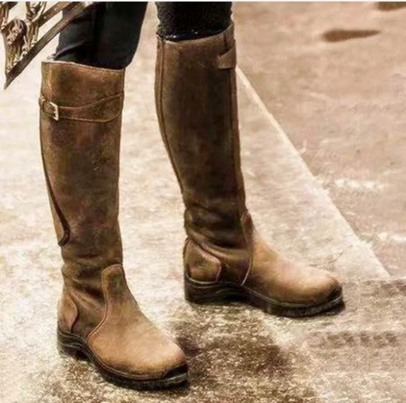 Damen Kniehohe Stiefel - Mit Schnallenriemen und Reißverschluss