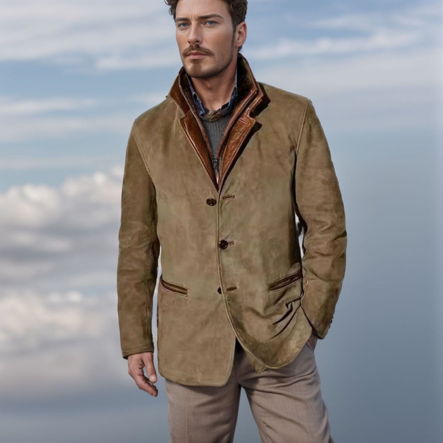 Stilzeits | Herren Wildlederjacke mit Lederbesatz - Reverskragen-Design