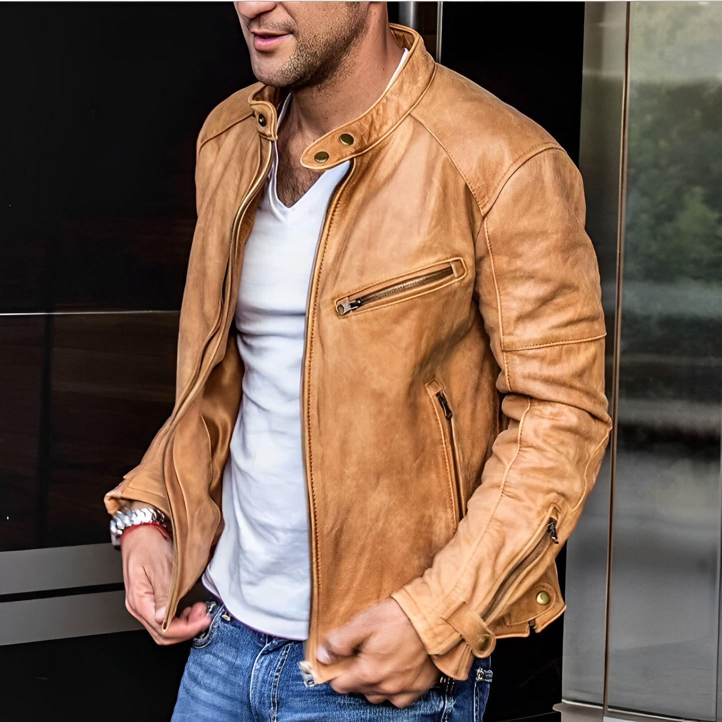 Stilzeits | Herren Vintage Stehkragen PU Lederjacke