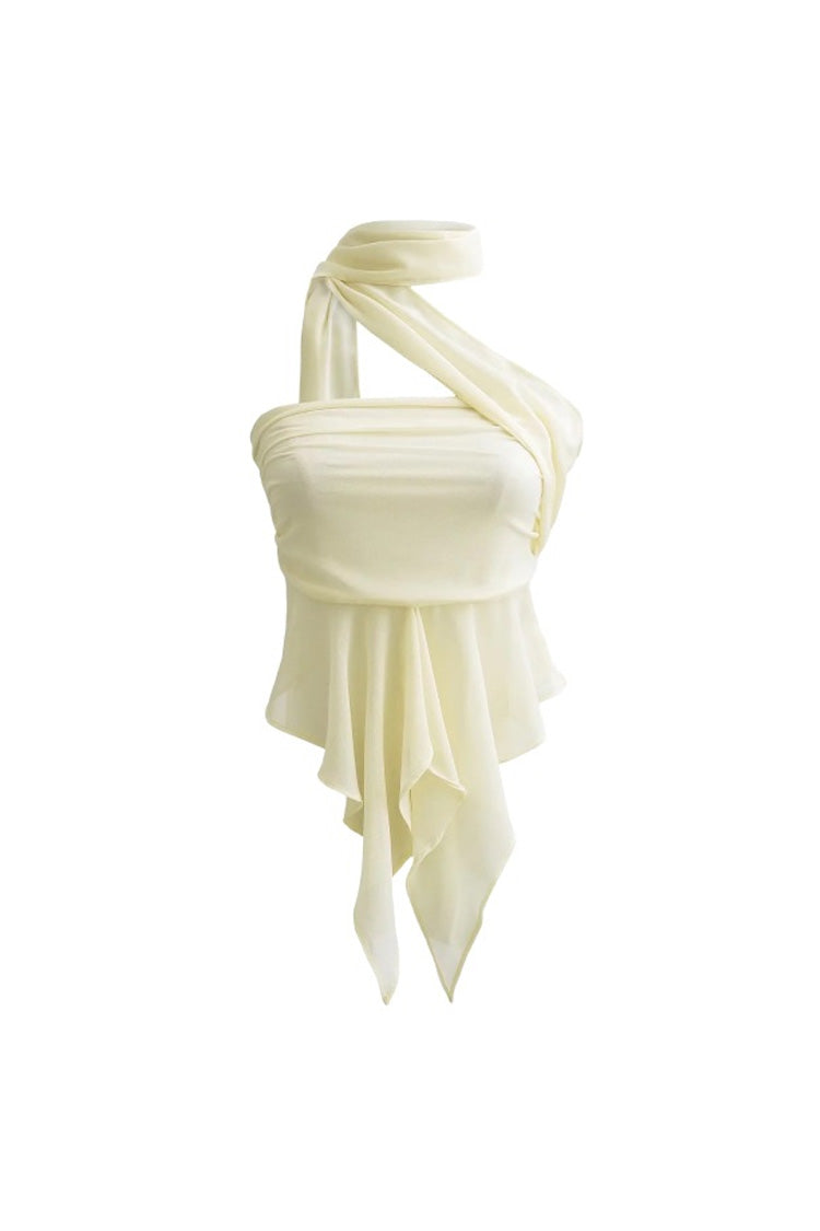 Wickelhalterloses Chiffon-Crop-Top mit Raffung, Drapierung und Peplum-Rüsche von Fudus